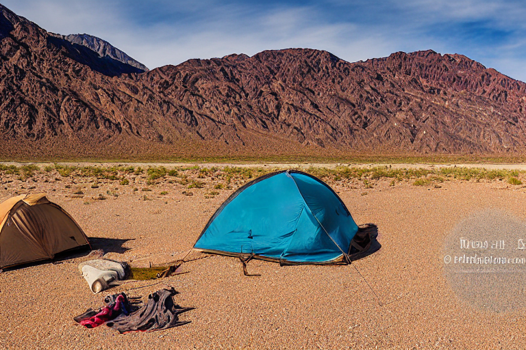 A brown tent sits beside a warm campfire on a dirt patch in Death Valley. Rain falls over the rolling hills as the sunrise paints the sky, while clothes hang from a nearby line. A winding path leads through the quiet campsite.