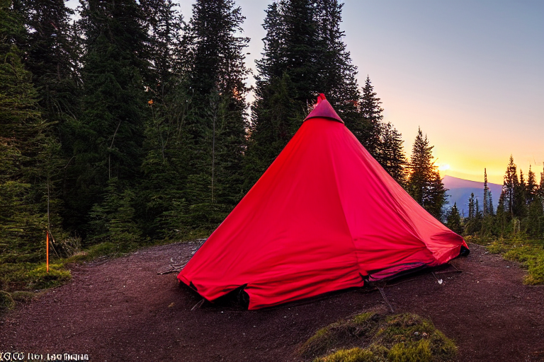 Two bright red tents sit beside a quiet stream as the sun sets over Washington’s misty forest. A winding hiking path, parking spot, and warm campfire make the campsite feel cozy, while a distant hiker’s flashlight glows through the fog.