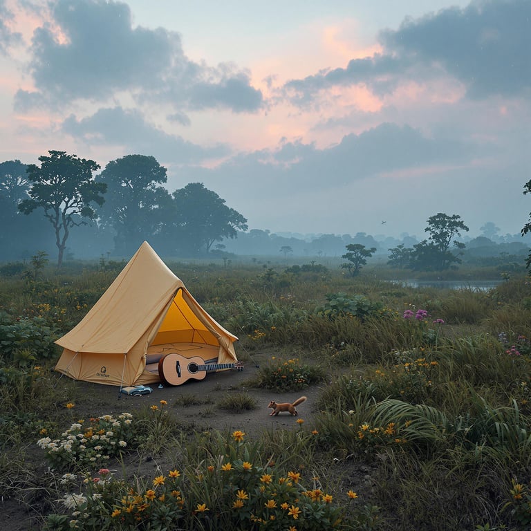A bright coral tent rests among tall grass and wildflowers in a quiet mangrove swamp. A wooden guitar lies nearby as a squirrel races past, while soft fog and twilight create a calm, dreamy mood.