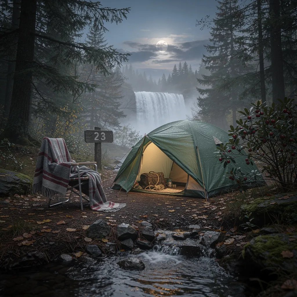 A green-and-tan tent sits in a misty evergreen forest on damp, mossy ground. A small creek and a little cascade whisper nearby, with cool spray in the air. A wool blanket hangs on a chair, and bright red berries glow beside the tent. In the blue twilight, the moon peeks through the clouds like it’s wearing a shadow.