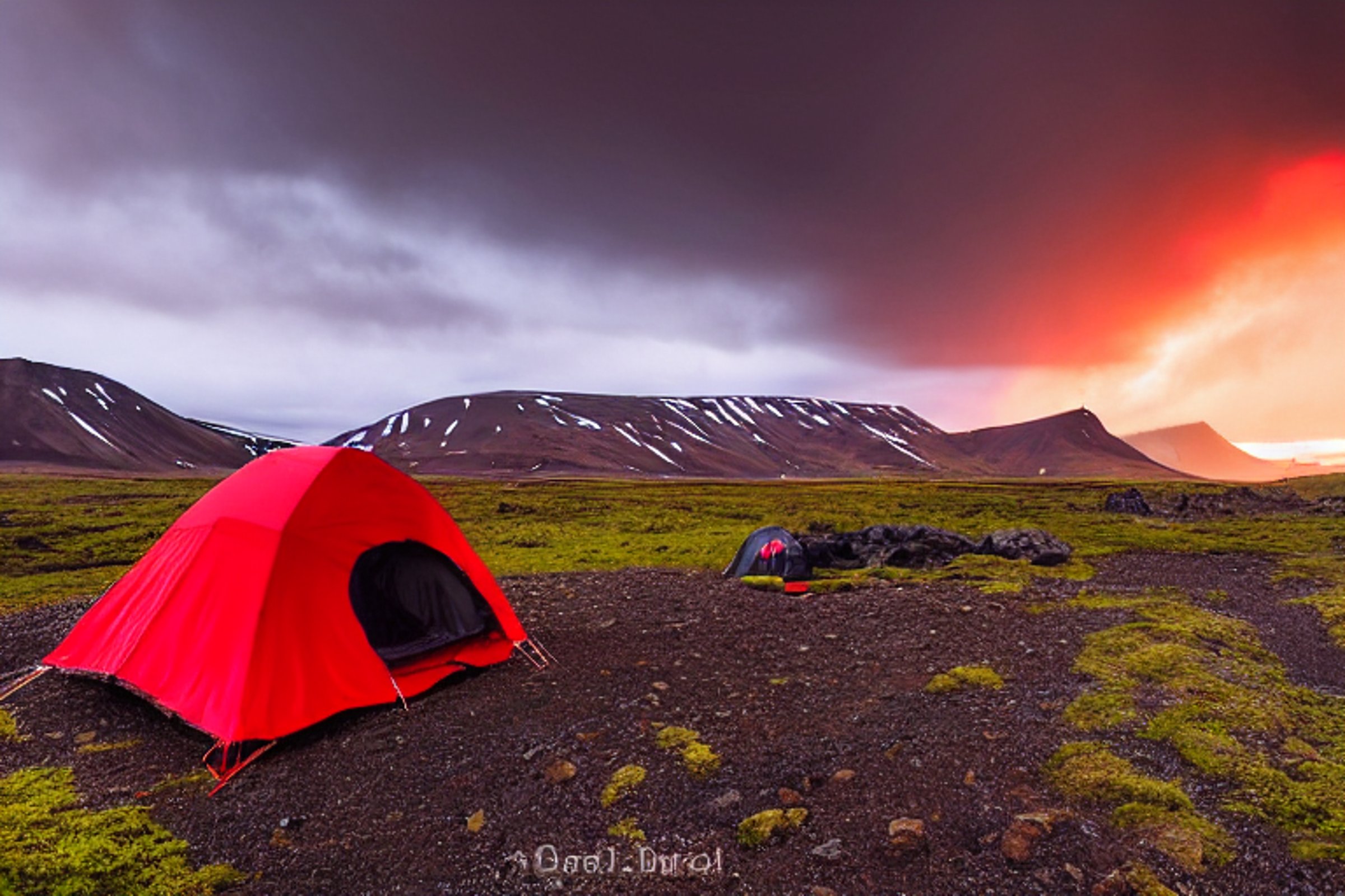 A bright red tent rests on a rocky dirt campsite beneath a stormy Icelandic sunset. Camping chairs and hikers sit nearby, with tall mountains rising in the distance.