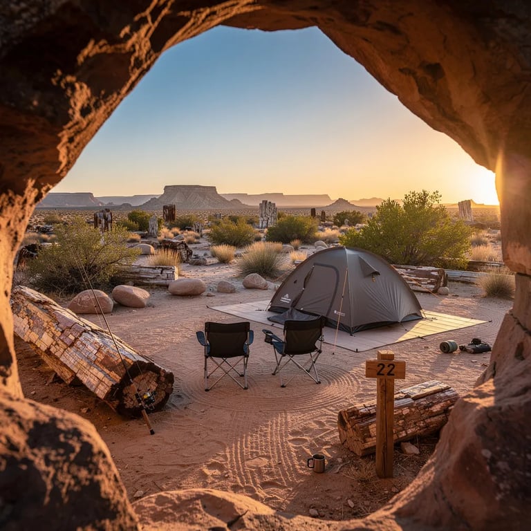 A warm sunset glows over a dry, sandy campsite framed by a rugged stone arch. A small charcoal tent sits near two low chairs, with petrified logs and boulders scattered around like ancient treasures. A fishing rod leans on a stone-hard log, and a wooden sign marked “22” stands by the tent as dust shines in the golden light.
