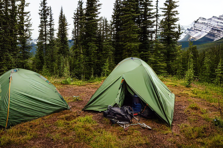 A tan tent sits on a quiet dirt campsite in Banff National Park. Ferns and tall grass surround the area, with a small lantern nearby and a parking spot close by. Stormy clouds gather as soft sunrise light touches the mountain landscape.