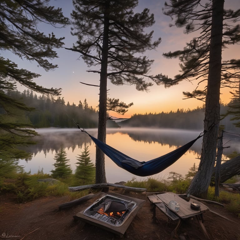 A navy blue hammock rests by the Maine coast as the sun sets behind the mountains. A picnic table holds a small camping stove, while animal tracks mark the dirt nearby. Calm water reflects the misty campsite and the soft, hazy sky.