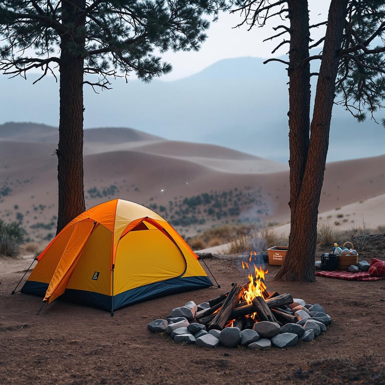 A bright yellow tent sits cozy under tall trees, next to a crackling campfire. The soft, rolling sand dunes stretch out in the background, creating a peaceful and magical view. It's a perfect place for roasting marshmallows and watching the stars.