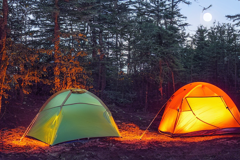 An orange tent rests on a dirt clearing along the Maine coast as dusk settles in. Bushes surround the campfire, while a lantern glows nearby and a hammock hangs between the trees. A distant moon rises over the peaceful scene.