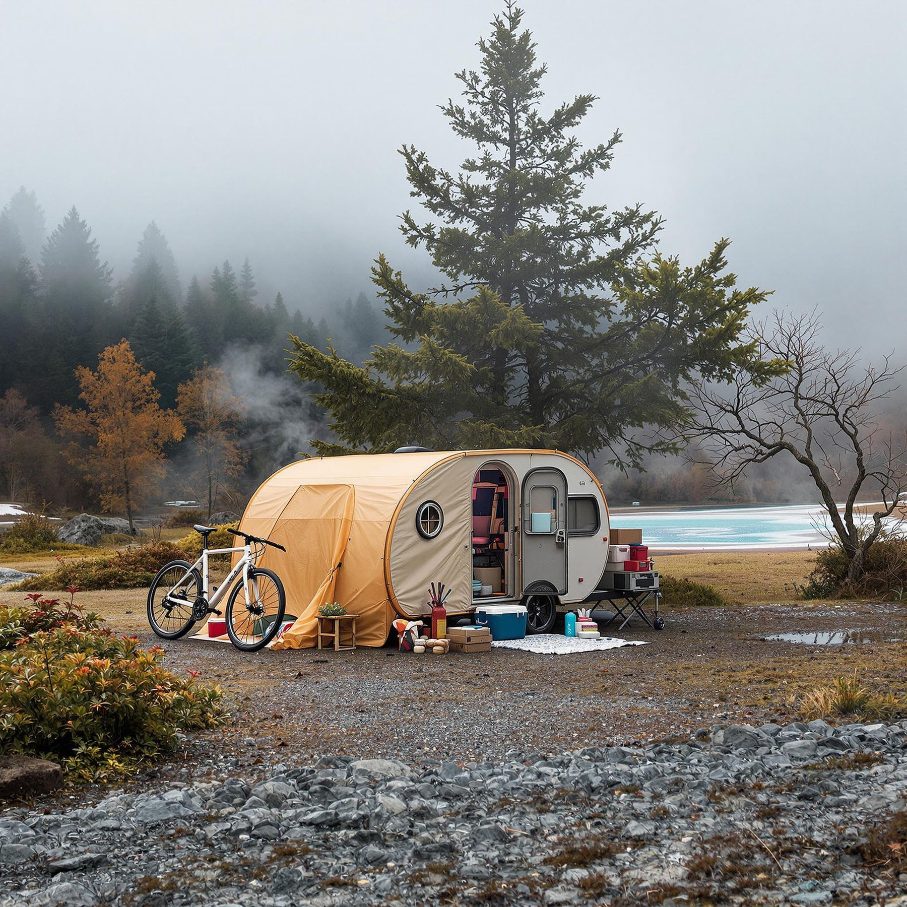 A cozy teardrop trailer rests in the misty woods of Upstate New York. A bicycle, cooler, and camping gear sit nearby, while a rainbow-colored hot spring glows through the fog. Birds nest in a tree above the peaceful campsite.