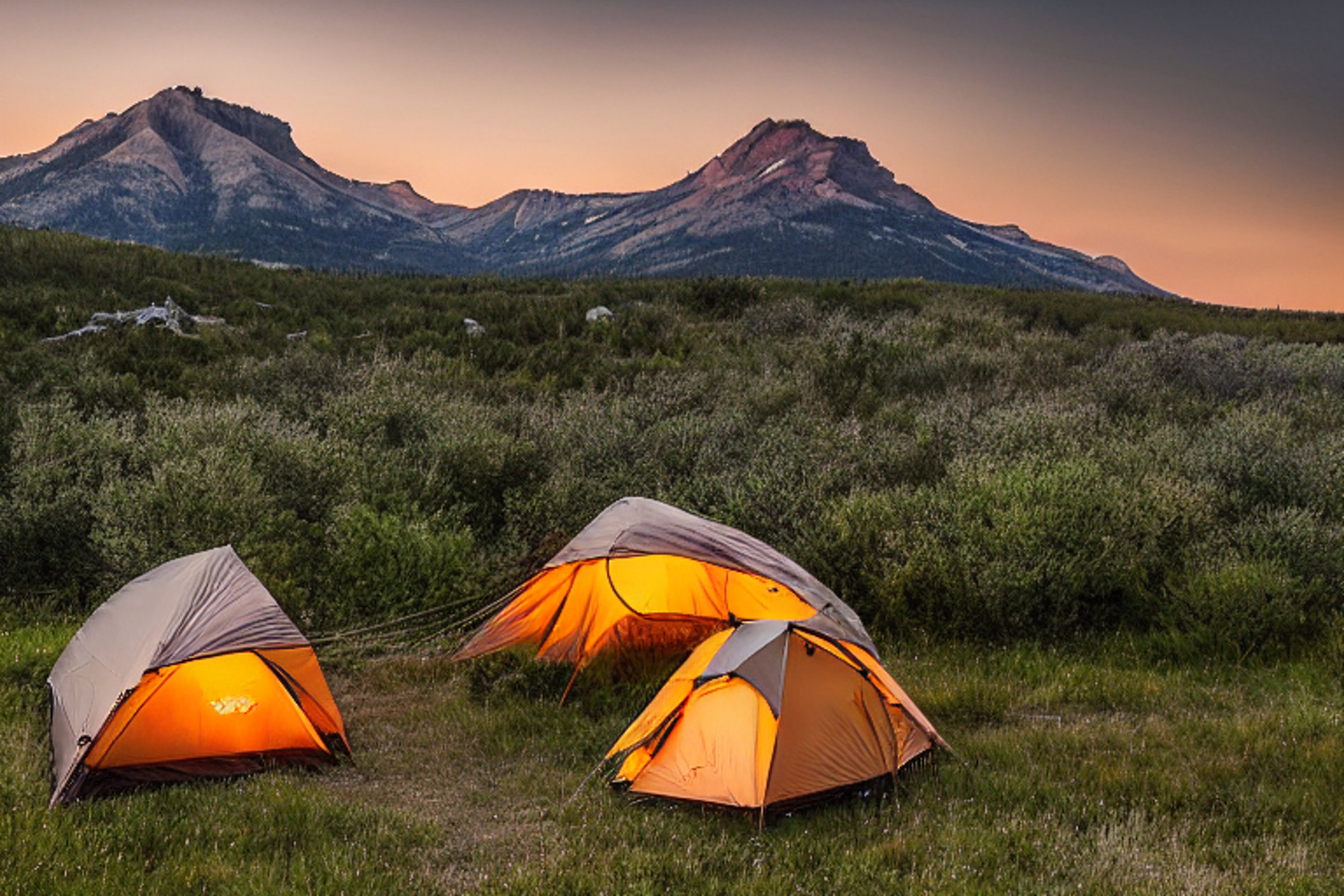 A brown Subaru rests at a quiet Montana campsite as the sun sets behind cloudy skies. Its rooftop tent glows softly above a crackling campfire, surrounded by tall grass, gravel, and open natural beauty.