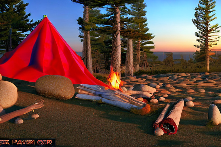 A bright red tent rests on a rocky campsite near San Diego Beach. Fall-colored trees and small flowers add warm color as the evening sky glows overhead. A crackling campfire sits in the center, surrounded by sturdy logs.