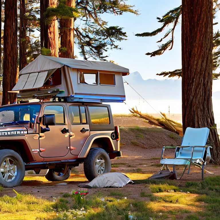 A brown Jeep with an open rooftop tent rests in a sunny Big Sur campsite. A warm campfire, picnic table, camping chairs, and lantern create a cozy outdoor space, with bright flowers growing around the dirt clearing.