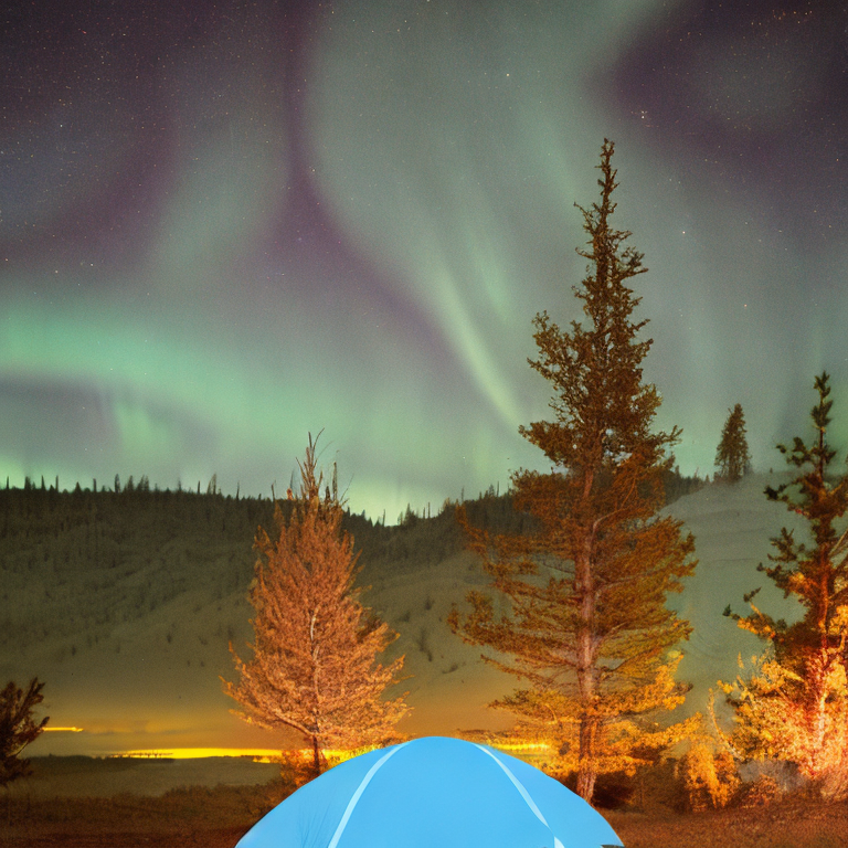 A cozy blue tent glows beside a campfire on a dirt clearing in Banff National Park. Colorful autumn trees and rolling hills surround the campsite, while green auroras dance across the stormy night sky.