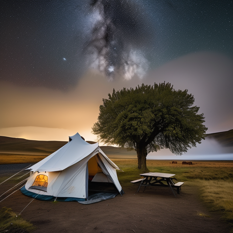 A white tent rests on a quiet dirt campsite in Iceland. Tall trees, a picnic table, and a winding hiking path fade into the cool fog. A distant moon glows softly in the night sky.