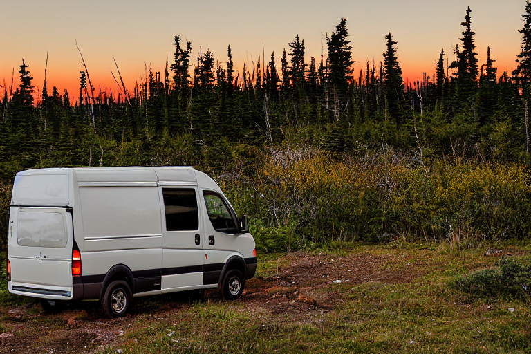 A white camper van rests on a dirt campsite in snowy Isle Royale National Park. Wildflowers and berry bushes brighten the ground, while a soft moon glows in the dusky sky.