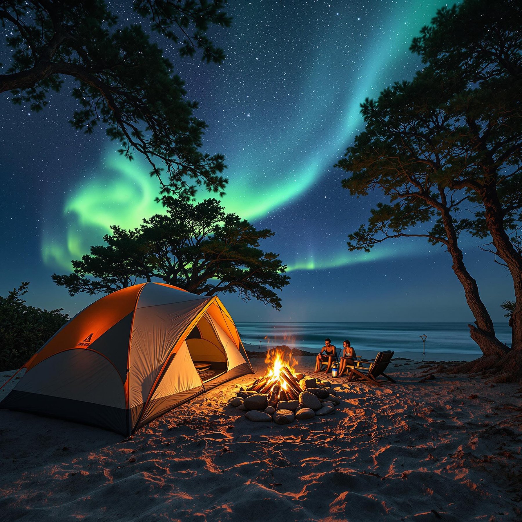 Under the magical green and blue lights of the northern sky, a cozy campsite sits by the ocean. A warm campfire crackles near a tent, surrounded by tall, whispering trees. Stargazers can relax and enjoy nature's light show together.