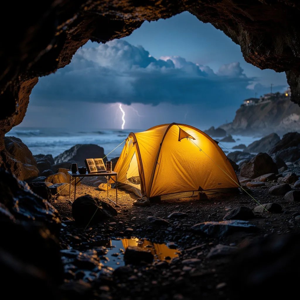From a small sea cave, you can see a rocky beach and the dark ocean beyond. A mustard-yellow tent glows warmly on the wet stones, with tight lines holding it steady in the mist. An open book sits on a little table, and far away lightning flashes inside heavy storm clouds.