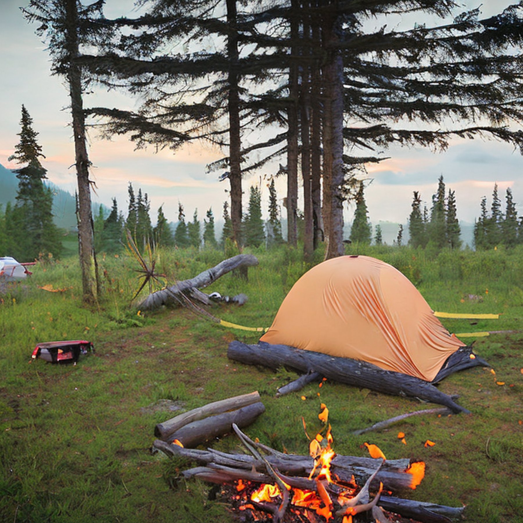 A green and tan tent rests in an Alaskan wilderness clearing as the sun sets through the fog. A warm campfire glows beside a wooden guitar, colorful flowers, and a hammock tied between trees.