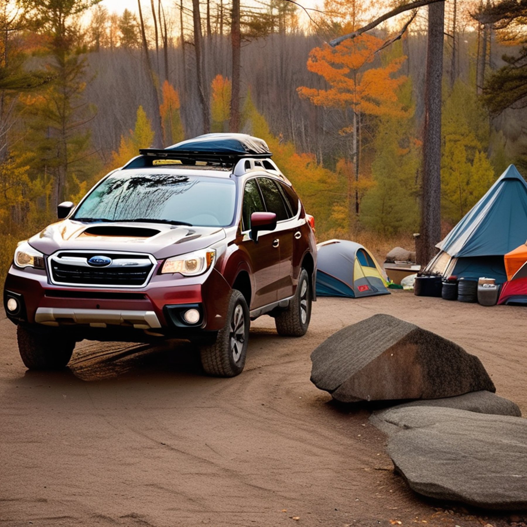 A colorful Subaru with its rooftop tent open rests on a quiet dirt campsite along Minnesota’s North Shore. Fog drifts through the rocky landscape as the sun sets, while a lantern glows beside large stone slabs.