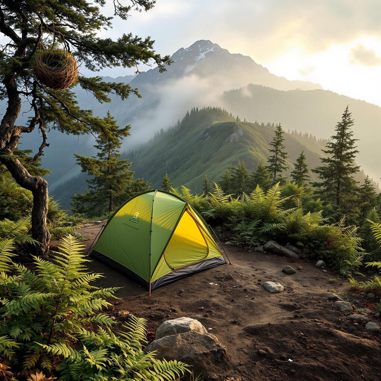 A green and tan tent rests on a mountain top, surrounded by ferns and soft dirt. Golden light breaks through the cloudy sky, while a bird’s nest sits in a nearby tree. The quiet campsite is seen from a suspension bridge above.