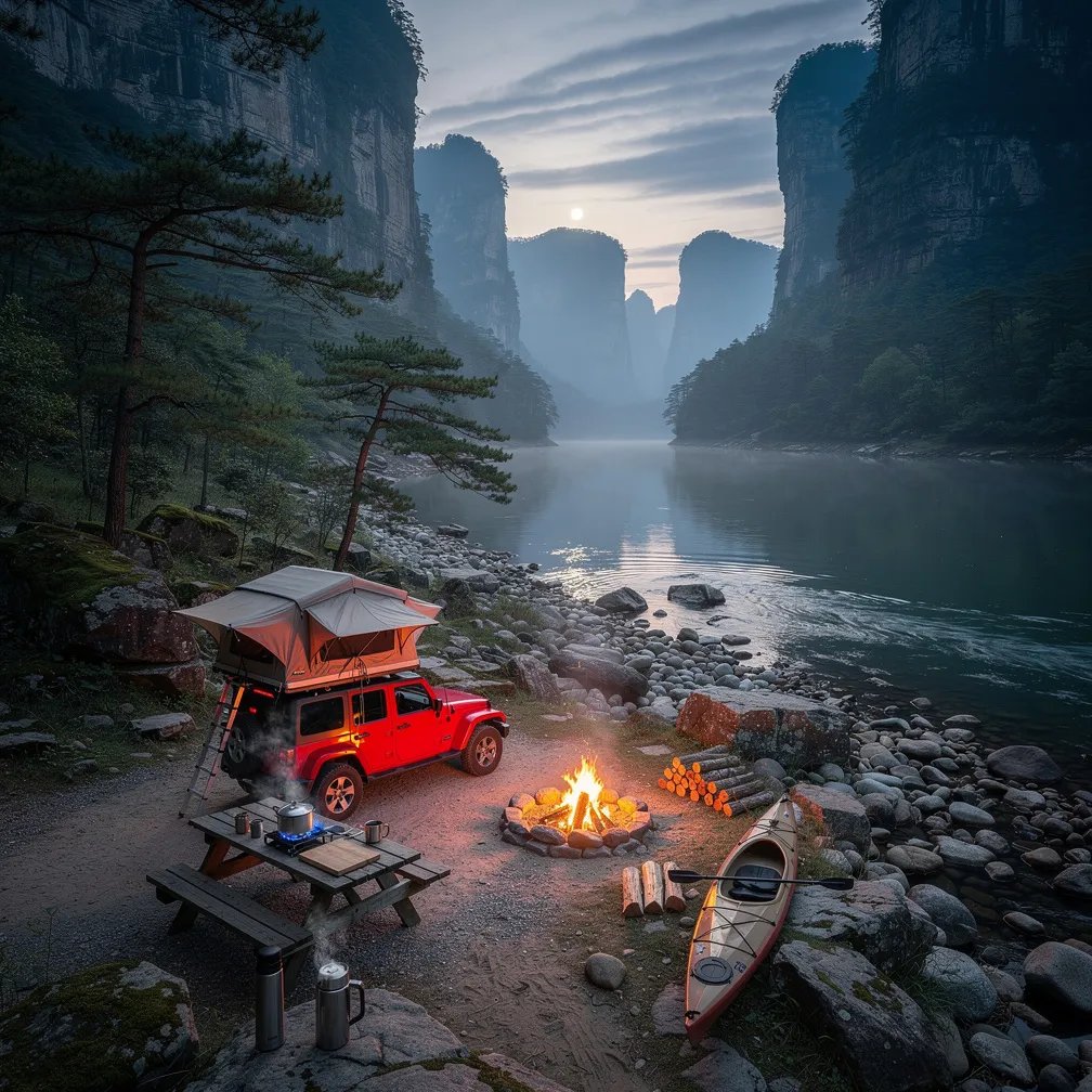 A quiet riverside camp sits under tall, misty stone towers and thin pine trees. A red jeep with a rooftop tent rests by a small glowing campfire, while the calm water mirrors the cool blue sky. A kayak waits on the rocky shore, and a picnic table holds a stove and warm coffee as the moon begins to rise.
