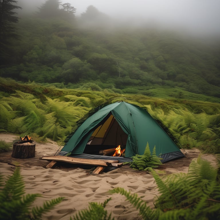 A green tent rests on a sandy beach beside the calm ocean. Ferns, flowers, and rolling hills surround the cozy campsite, while a small campfire glows among the logs. Light fog gives the peaceful scene a dreamy feel.