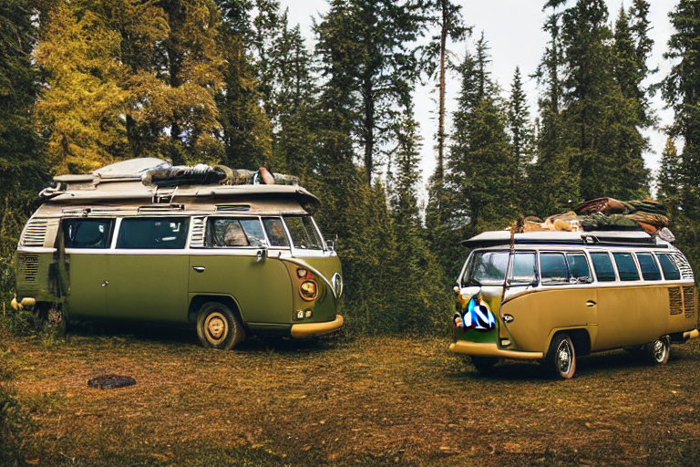 A green and tan campervan rests in a forest clearing beneath a sky full of stars. A warm campfire glows beside a large log, while hikers enjoy the cool, foggy night. Fall-colored trees and a misty mountain make the campsite feel peaceful and wild.