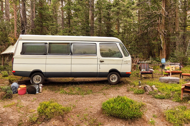 A colorful camper van rests beside a cozy campfire on the California coast. Rainy bushes surround the dirt campsite, while stone slabs and logs sit near the warm flames. In the distance, misty mountains rise beneath the soft light of sunrise.