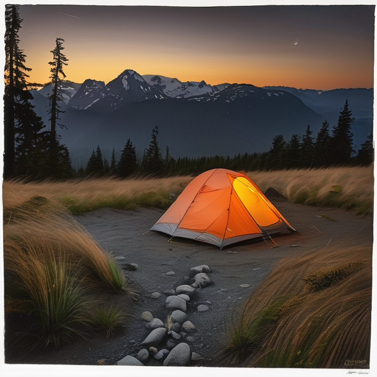 A gray and orange tent glows softly on a quiet dirt campsite on Vancouver Island. Tall grass, large stone slabs, and a winding hiking path surround the tent under the night sky.