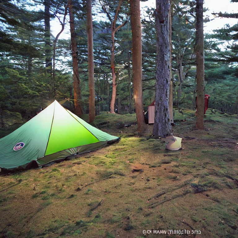 A green tent rests on a quiet paved campsite beneath a star-filled sky. Mossy trees, hanging clothes, and a glowing lantern add cozy details, while fog wraps around the distant mountain.