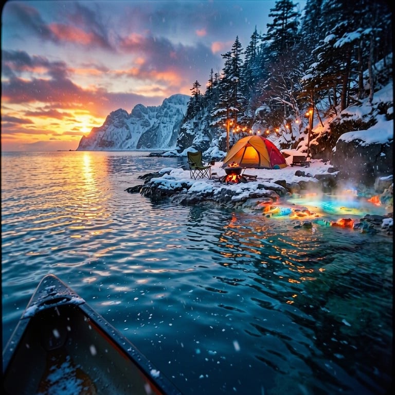 A cozy campsite glows beneath snowy trees and tall sea cliffs at sunset. A bright, colorful tent, two chairs, and warm string lights rest beside steaming mineral pools. From the nearby canoe, the water shines with cool blue reflections.
