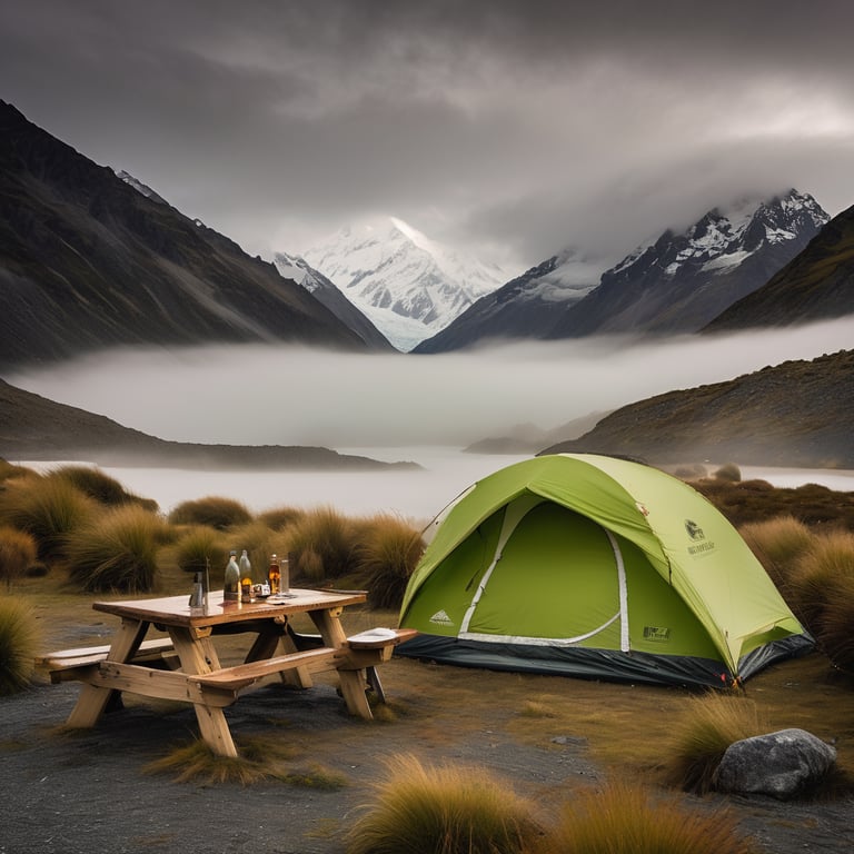 A bright lime green tent rests among large bushes in Mount Cook National Park. Mist and fog drift through the valley as smoke rises from the campfire. A picnic table holds a camping stove beside a large rock, creating a cozy camp beneath the stormy sky.
