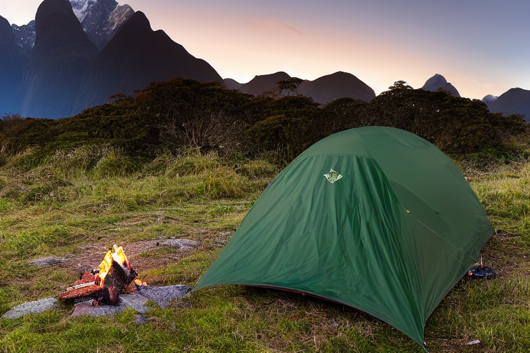 A green camo tent rests on a quiet dirt campsite beneath snowy mountains. A campfire, large log, lantern, and backpack make the spot feel warm and ready for adventure. Golden light shines through the cool mountain air.