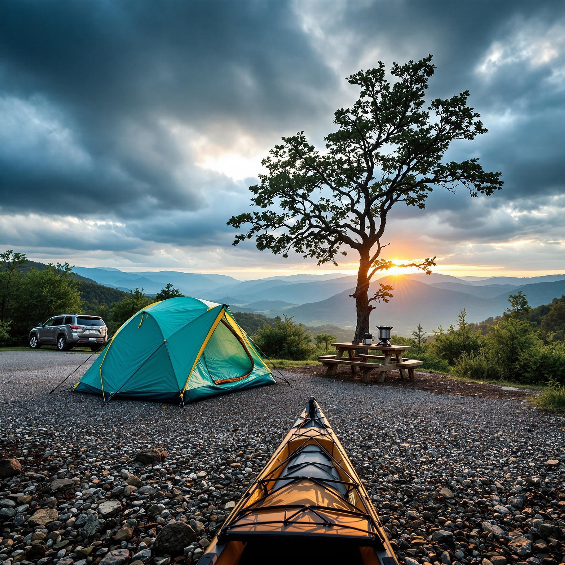 A cozy tent sits under a big, friendly tree, overlooking a breathtaking mountain view during sunrise. The sky is sprinkled with fluffy clouds, and a kayak rests beside the campfire-ready picnic table. It's the perfect spot for a peaceful outdoor adventure!