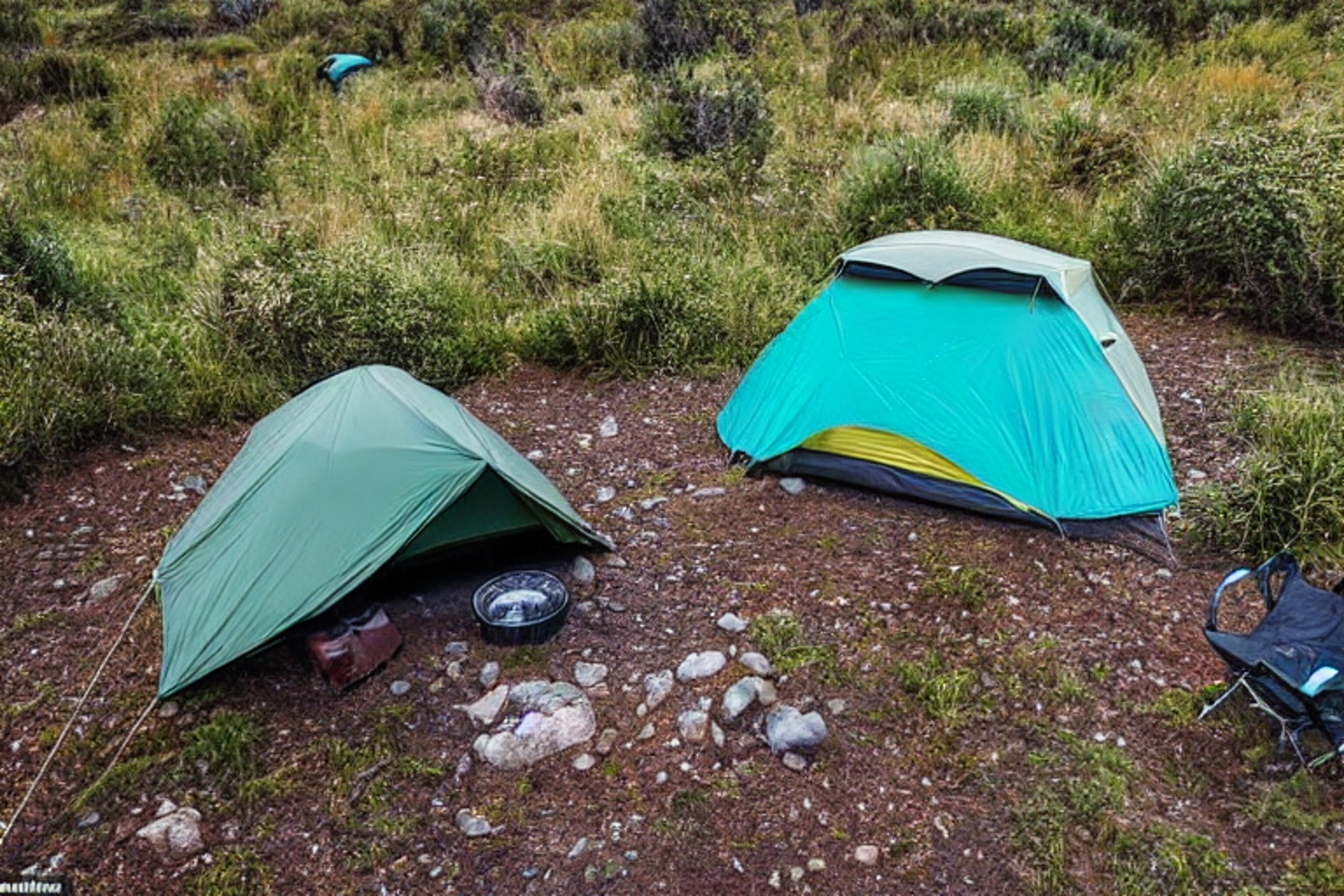 A teal tent rests on a rocky dirt campsite beneath tall trees in Mount Cook National Park. A warm campfire glows beside a backpack as the sunset colors the clear sky.