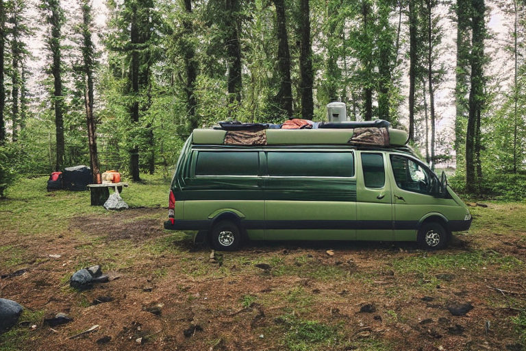 A green-and-tan camper van rests among small trees in a quiet Washington campsite. A warm campfire glows beside the van, while a lantern and backpack sit on the gravelly ground. Rainy clouds drift beneath a bright, star-filled sky.