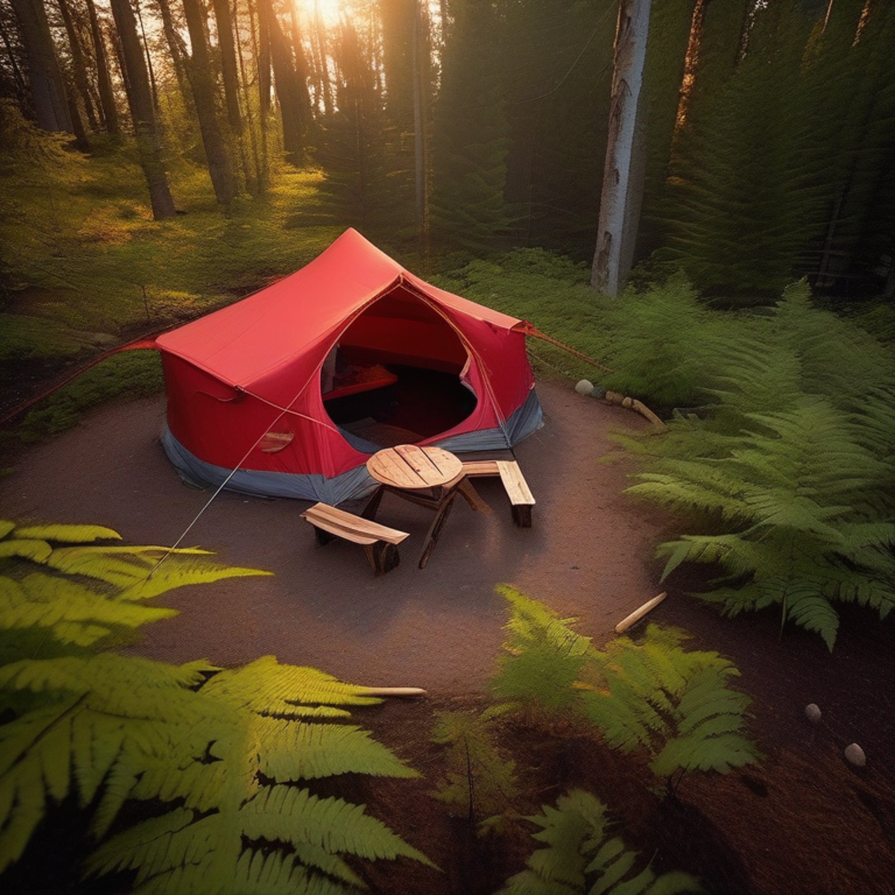 A bright red tent rests beside a paved campsite on Minnesota’s North Shore. Ferns, camping chairs, and a picnic table sit around a dirt clearing, with a large log near the campfire. Warm sunrise light makes the peaceful forest feel cozy and welcoming.