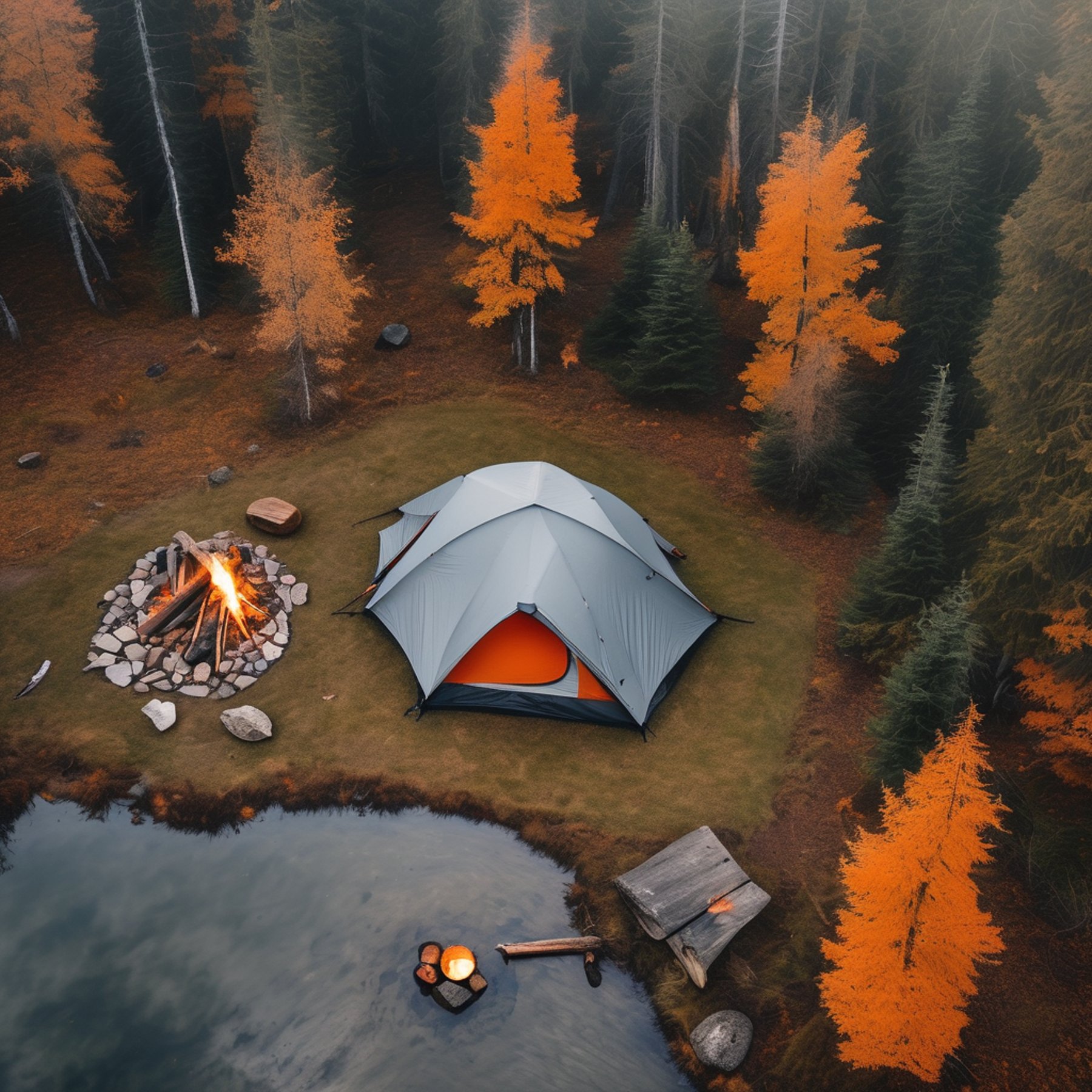 A gray and orange tent sits beside a quiet pond, surrounded by trees and snowy air. Hikers gather near a stone-ringed campfire, with a backpack and axe nearby. The pond reflects the peaceful campsite below.