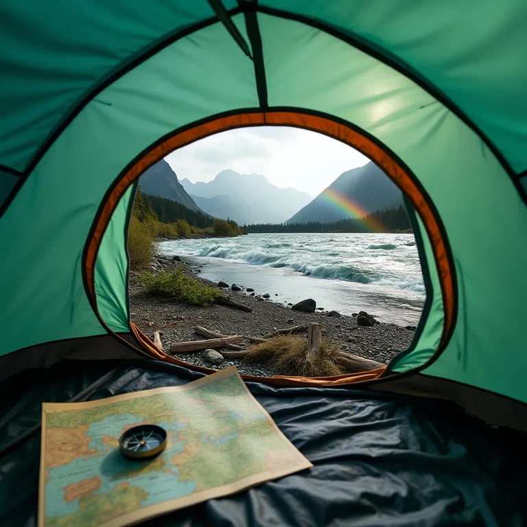 A mint green tent opens toward a rushing river and tall mountains. A compass rests on a map inside the tent, while dark storm clouds and a bright double rainbow fill the sky.