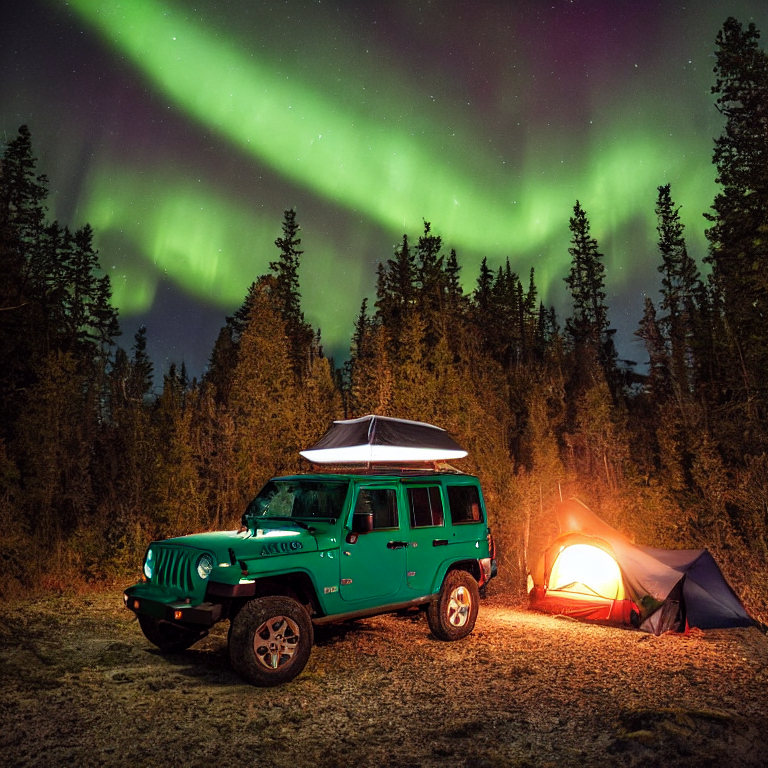 A forest-green Jeep with an open rooftop tent rests on a quiet beach campsite. A warm campfire glows beside the ocean as the northern lights dance above the stormy sky. Boulders and a distant camper add to the wild, peaceful feeling.