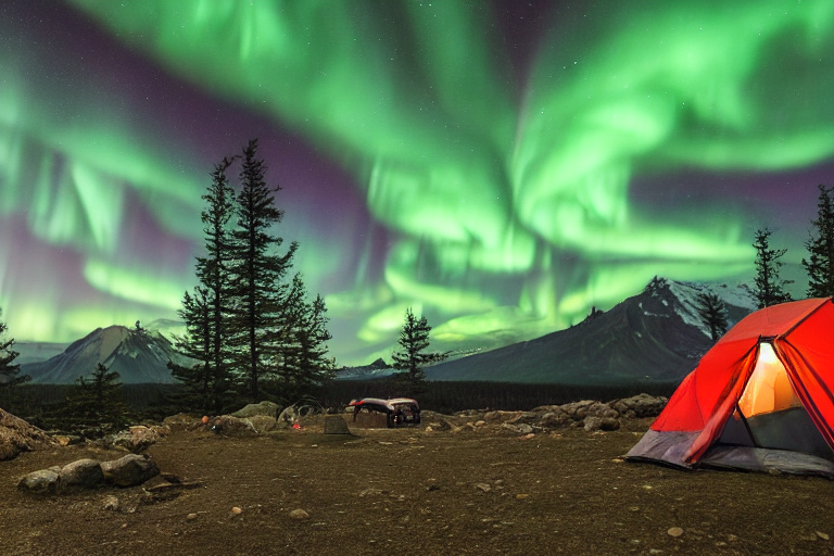 A green tent rests on a snowy mountain campsite beneath glowing northern lights. Tall trees, camping chairs, and a nearby parking spot surround the dirt clearing. Dark mountains rise in the distance under the starry sky.
