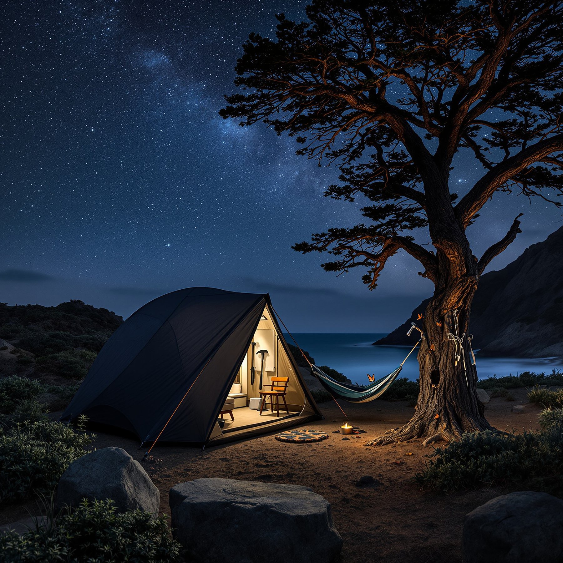 This cozy campsite sits under a big starry sky by the ocean. There’s a glowing tent and a hammock hanging from a tall tree. You can hear the waves and see the stars twinkle above!