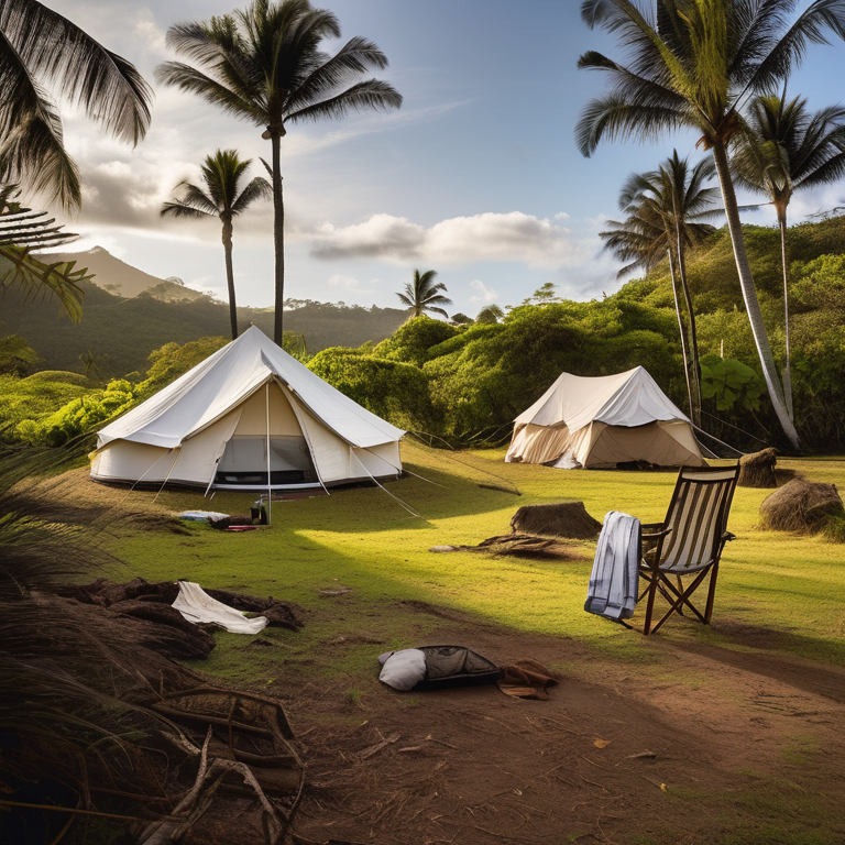 A white tent rests on a sunny dirt campsite in Hawaii. Camping chairs sit among large stone slabs and green ferns, while clothes sway on a nearby line. The peaceful setting feels warm, wild, and inviting.