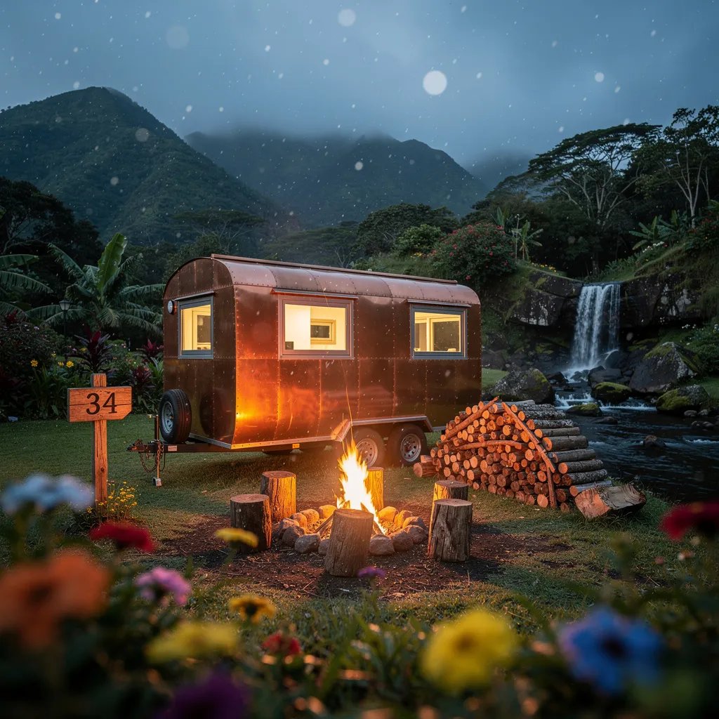 A copper tiny house rests in a lush campsite near a small waterfall. Wildflowers frame the view, while a warm campfire glows beside stacked firewood and a wooden sign marked 34. Light snowflakes drift through the quiet twilight air.