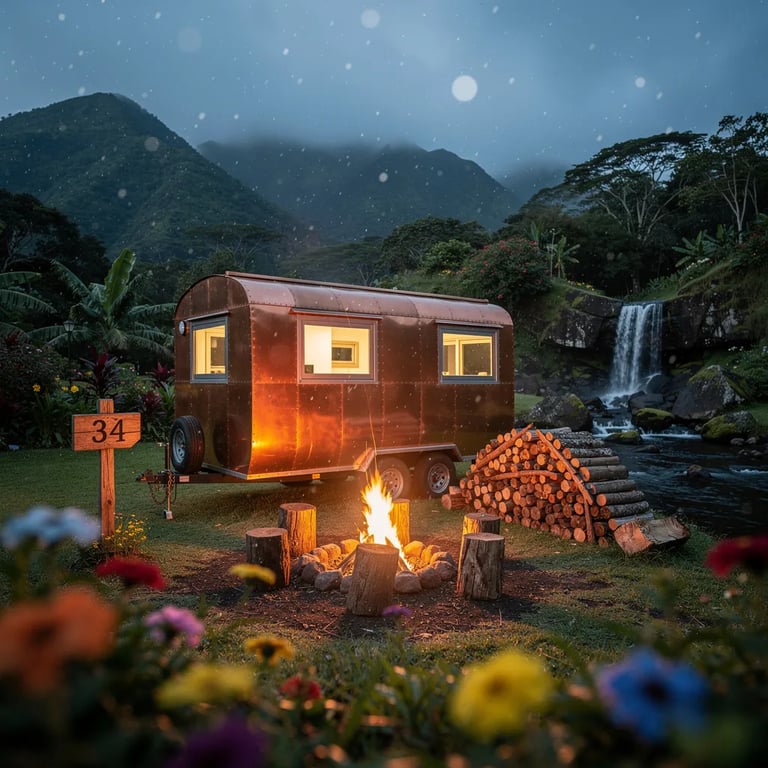 A copper tiny house rests in a lush campsite near a small waterfall. Wildflowers frame the view, while a warm campfire glows beside stacked firewood and a wooden sign marked 34. Light snowflakes drift through the quiet twilight air.
