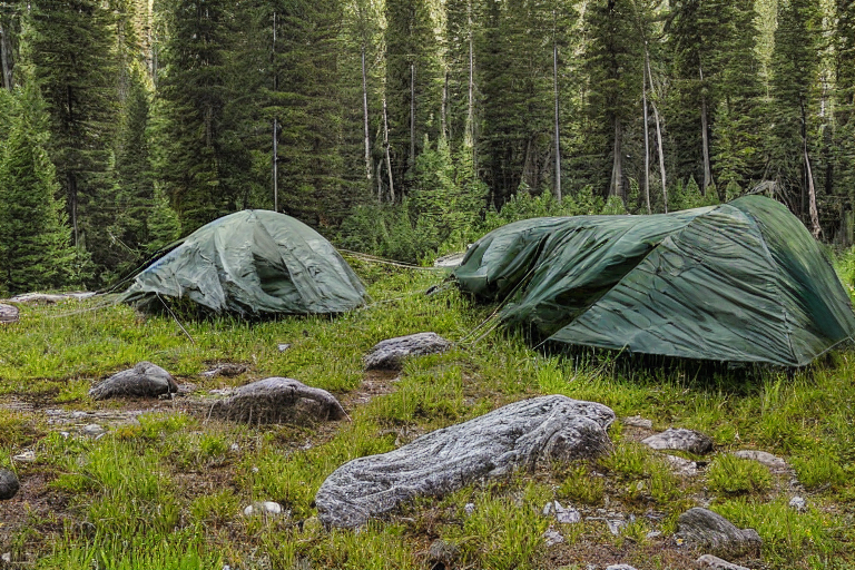 A green camo tent rests beside a paved campsite in sunny Yosemite. A small stream winds through the rocky ground, with ferns nearby and a deer in the distance.