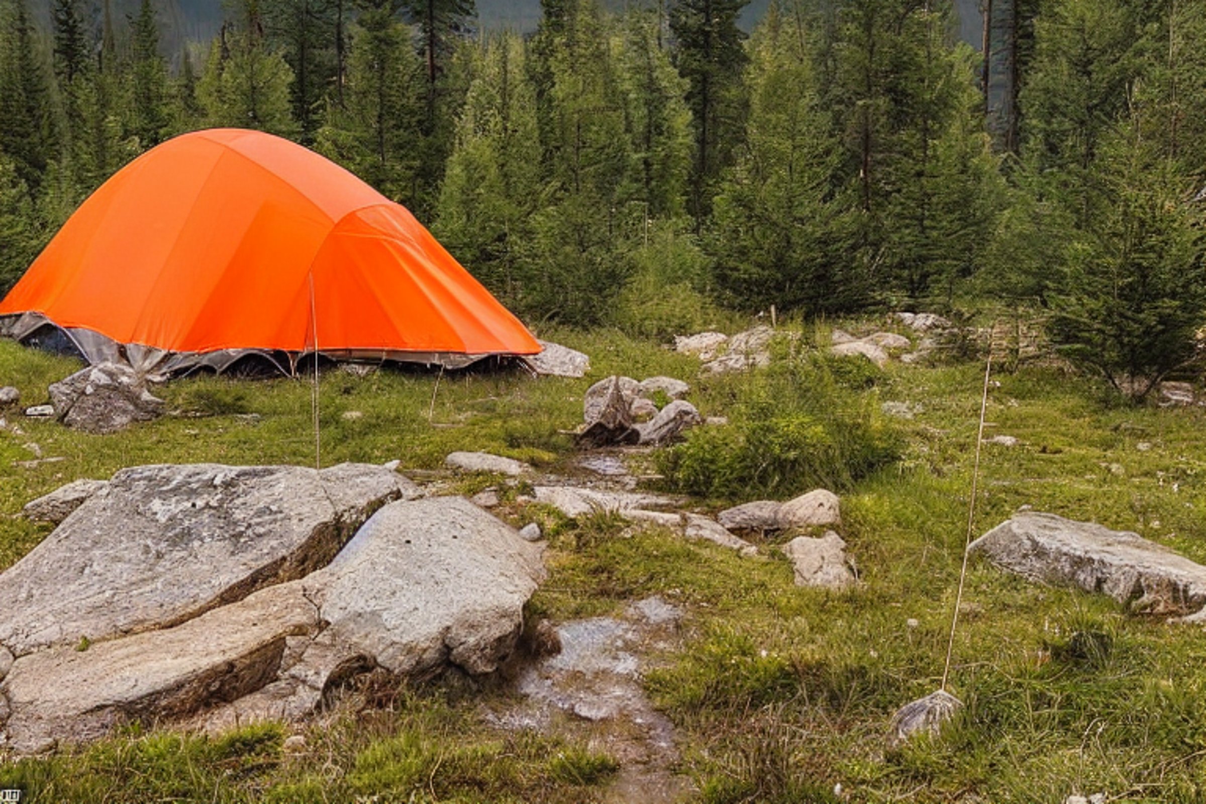 An orange tent rests beside a crackling campfire in a quiet Montana campsite. A clear stream winds through the tall grass and around large stone slabs. Fog, thick bushes, and soft daylight create a cool, peaceful feeling.