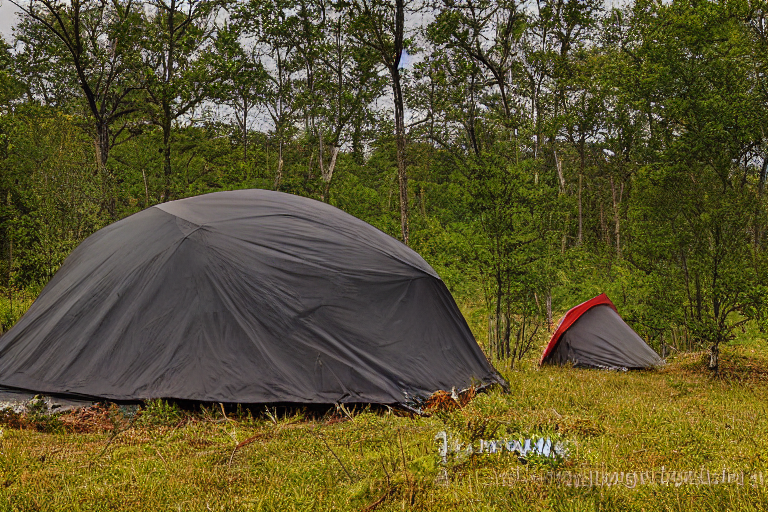 A black tent rests on a dirt campsite in the rainy Ozark hills. Boulders, berry bushes, and a clothesline with hanging clothes surround the camp. The dark, wet night feels quiet and peaceful.