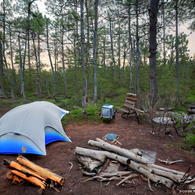 A gray and blue tent rests in a quiet forest clearing at dusk. A warm campfire glows beside a picnic table, surrounded by logs and stones. Small trees and stormy skies create a wild, cozy mood.