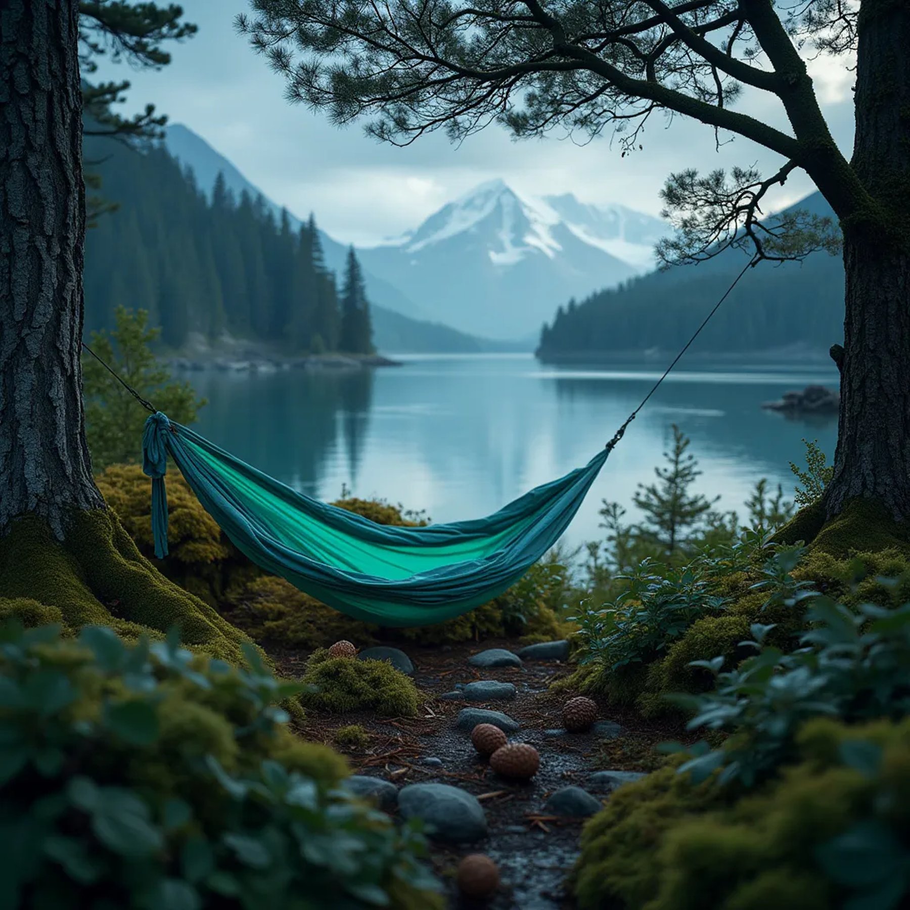 A mint-green hammock rests beside a quiet glacial lake under a sky full of meteors. Mossy trees, berry bushes, and pine cones surround the peaceful campsite, with a waterfall framing the view.