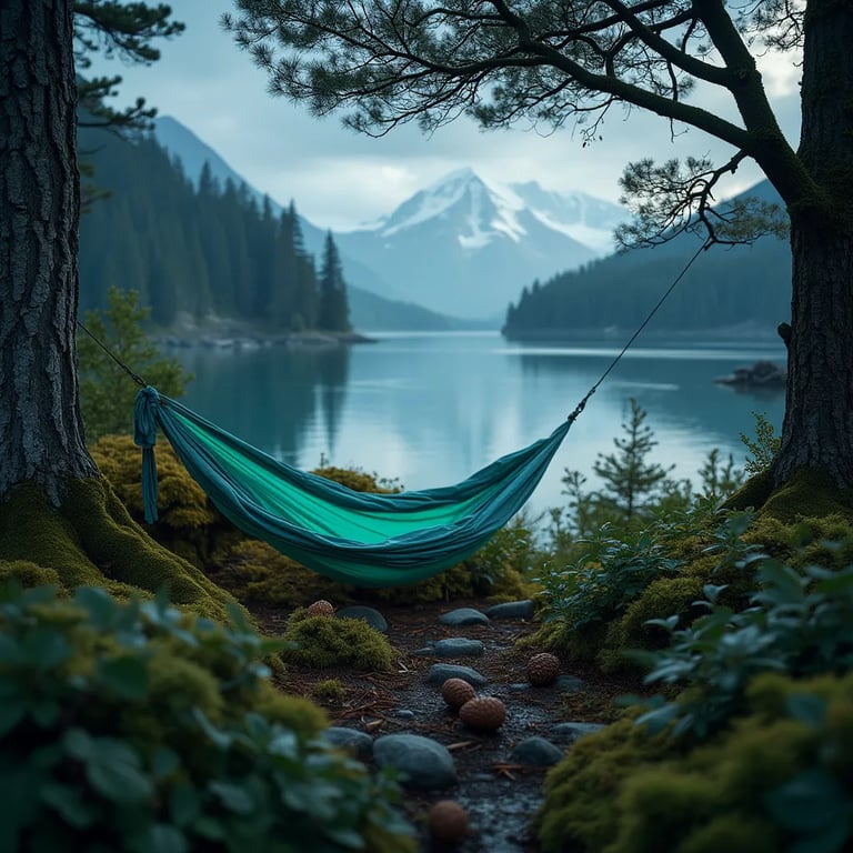 A mint-green hammock rests beside a quiet glacial lake under a sky full of meteors. Mossy trees, berry bushes, and pine cones surround the peaceful campsite, with a waterfall framing the view.
