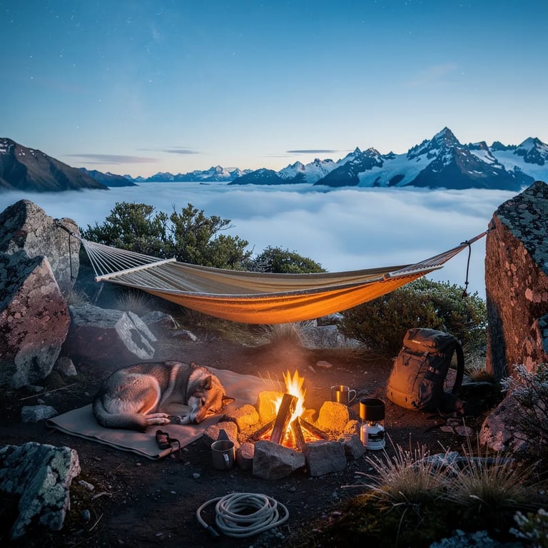 A tan hammock hangs low between rough rocks on a quiet alpine ridge. A small campfire glows in the blue dawn, and a sleepy dog curls up beside the warmth. Thin mist drifts across the stone slabs while stars fade above a fog-filled valley far below.